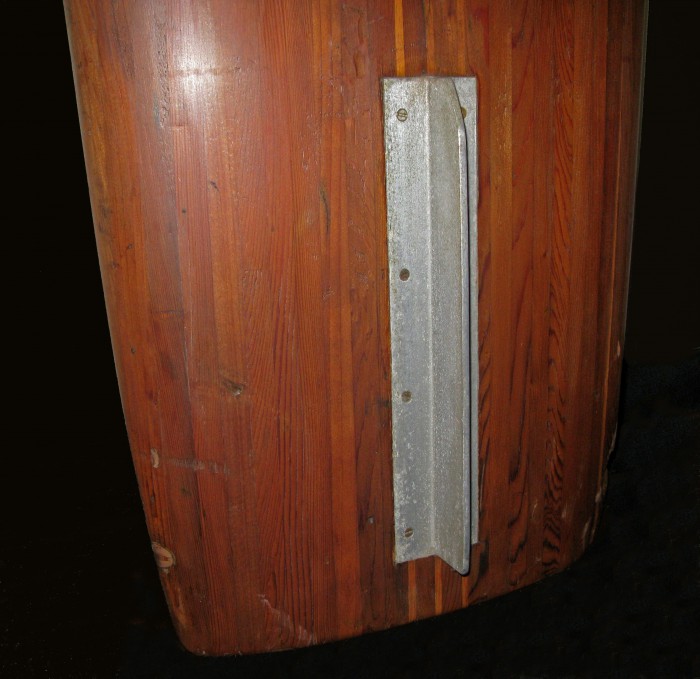 Solid wood board with aluminum keel fin (late 1930's) Surfing Heritage & Culture Center collection photo: Merson