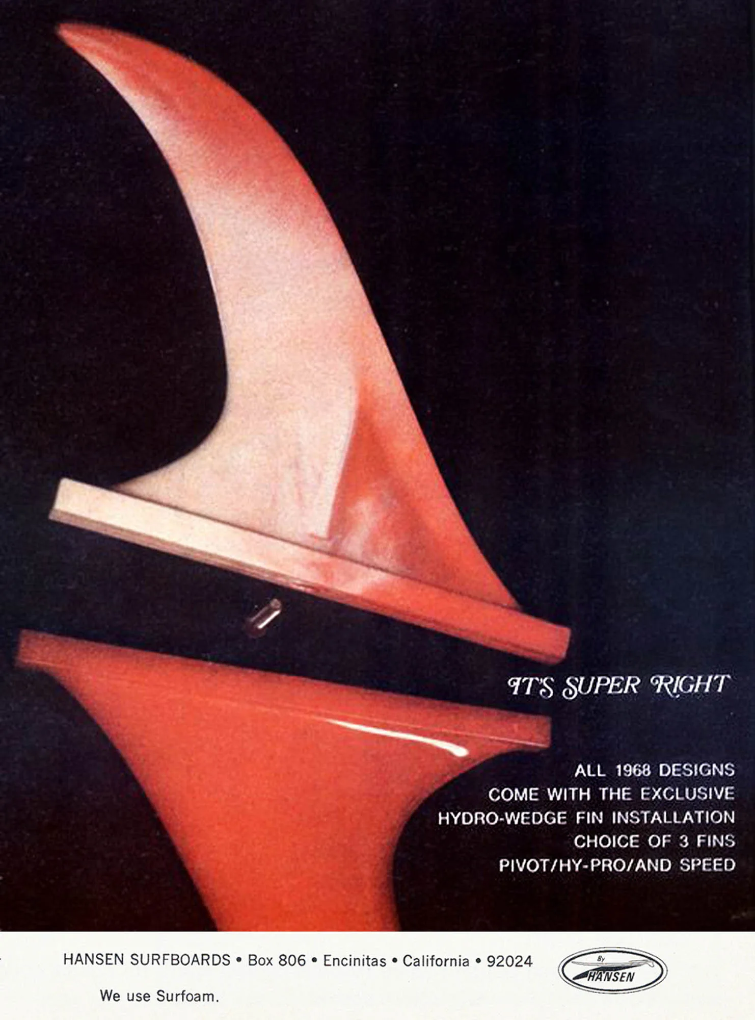 Hansen Hydro Wedge fin ad, 1968