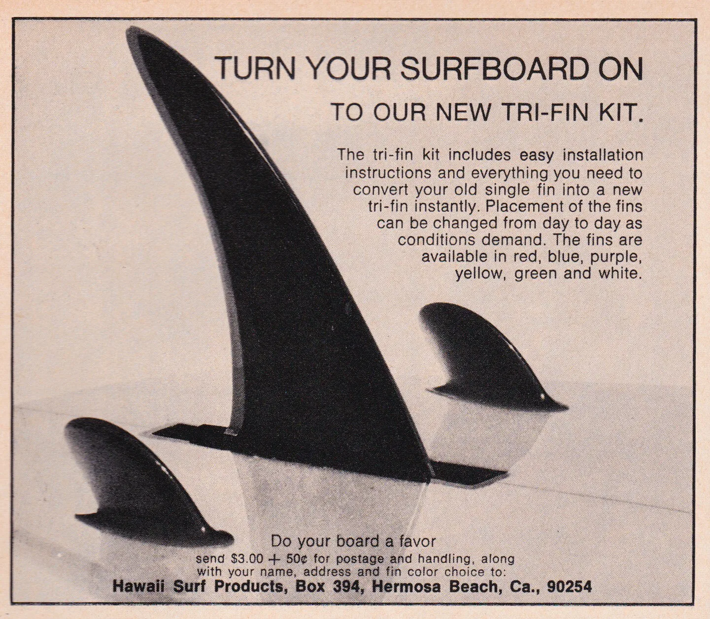 Hawaii Surf Products tri-fin kit, 1971